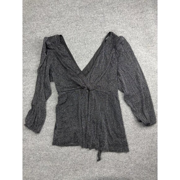 Torrid Blouse Womens 5X Black Silver Metallic Wrap Tie Waist Long Sleeve Lined - Picture 1 of 8